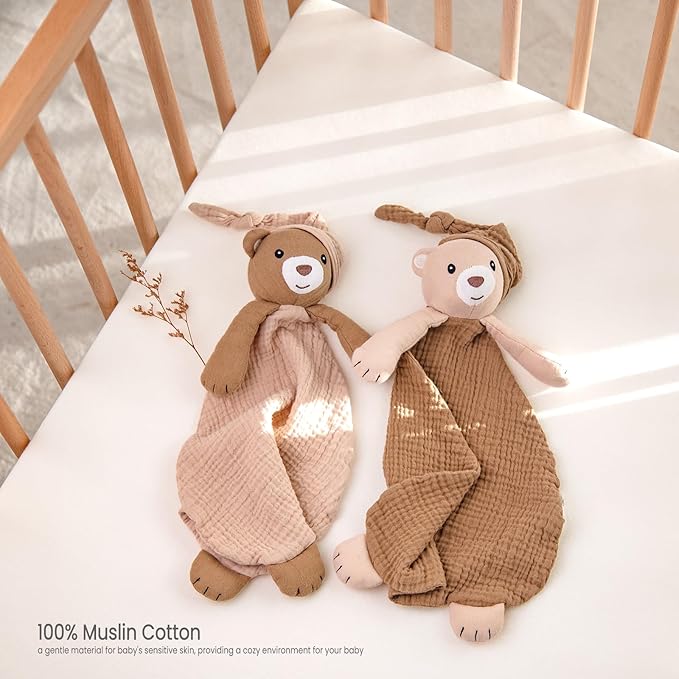 lulumoon Bear Baby Security Blanket: Skin-Friendly Muslin Snuggle Lovey for Travel & Daycare - Newborn Gift for Baby Shower