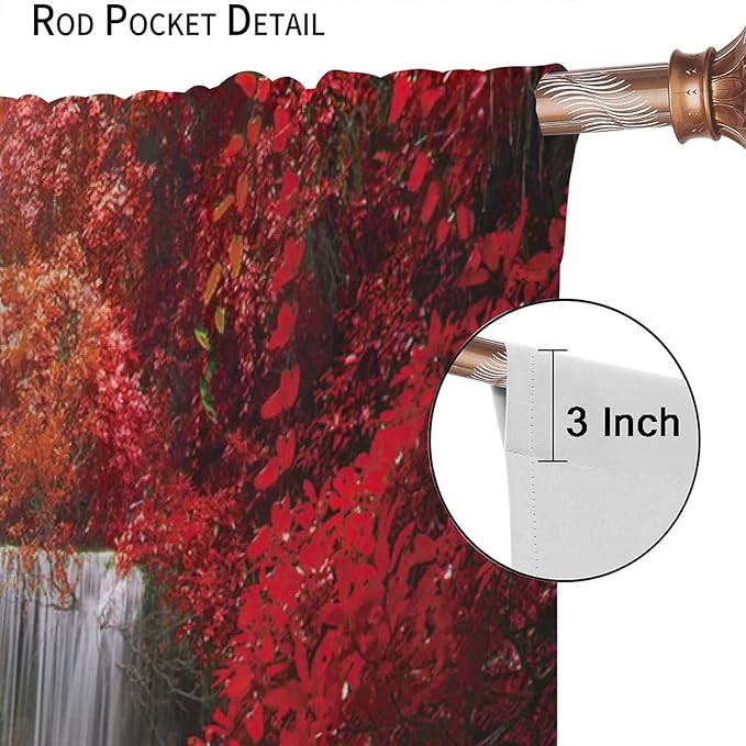 Red Forest Waterfall Blackout Windows Curtains, Tree Landscape Woodland Scenic Nature Fall Scenery Art Printed Curtains, for Living Room Bedroom 55x63in 2 Panels