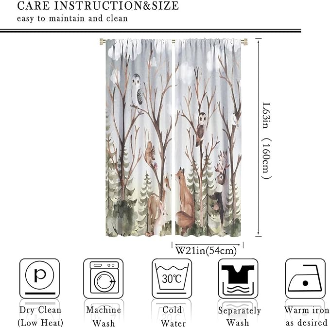 Forest Curtains, Cartoon Woodland Animals Tree Birds Moose Rabbit Mushroom Print Pattern Kids Bedroom Window Treatments Curtains 42x63in, Style-8
