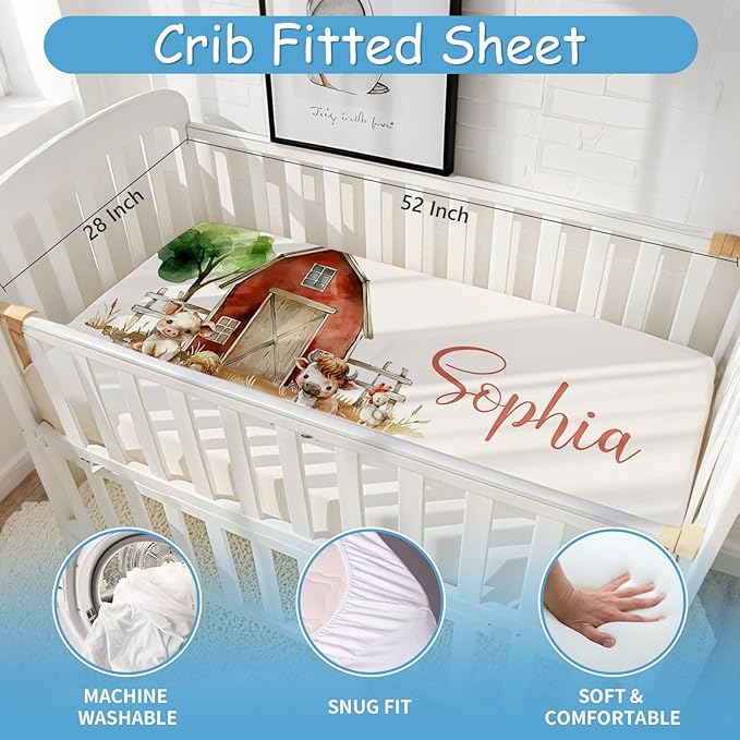 Personalized Baby Crib Bedding Set, 5 Pcs Custom Farm Animals Pattern Nurery Bedding Set for Boys and Girls, Baby Blanket with Dotted Backing, Newborns Infant & Toddler Customized Gifts