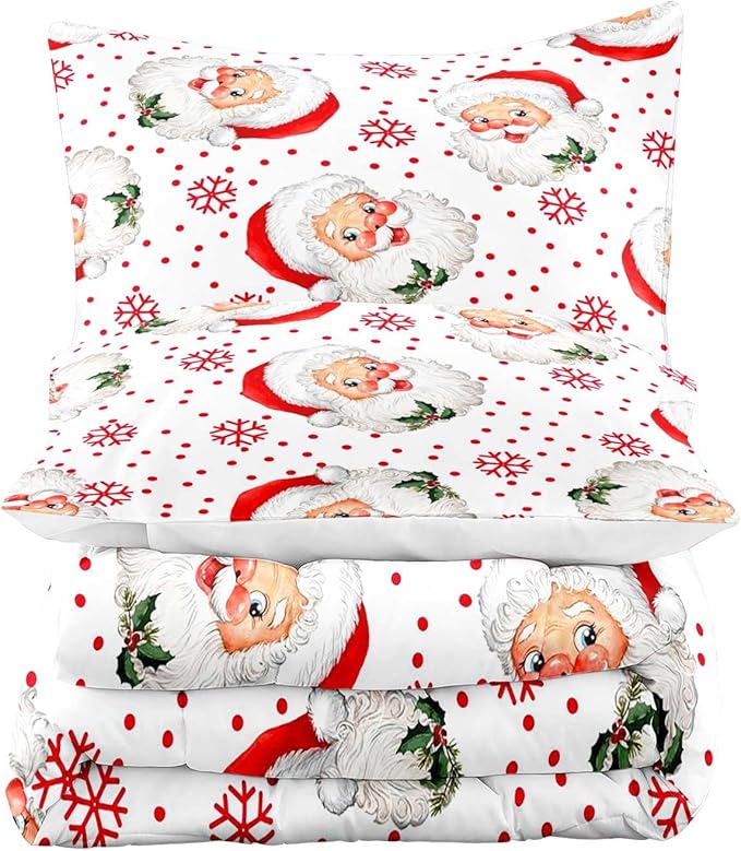 LUVIVIHOME 2PCS Merry Christmas Comforter Set Twin Size, Red Snowflake Funny Santa Claus Bedding, Christmas Bedroom Decor, Soft Breathable Microfiber White Quilt, Xmas Gifts, 1 Pillow Sham