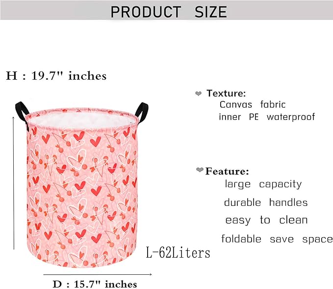 KUNRO Round Valentine's Laundry Gift Basket Storage Hamper, Kids Toys and Clothes Storage Organizer Bins, Toy Shelf Basket with Handles for Room Decor
