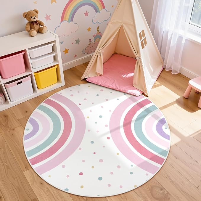 STARUIA Pink Round Rug for Girls, 5 Ft Rainbow Kids Rug for Nursery, Colorful Washable Rugs for Bedroom, Non-Slip Circle Time Rugs Soft Polka Carpet for Kids Room Princess Castle