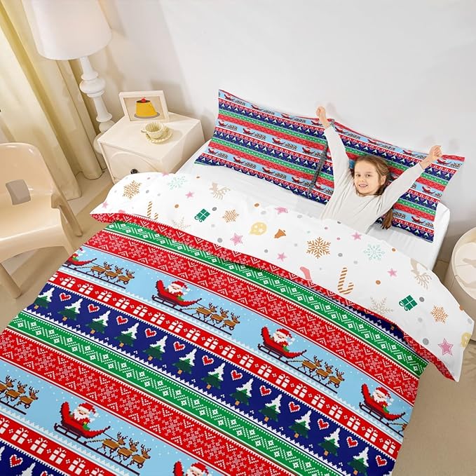 Feelyou Christmas Duvet Cover Cartoon Santa Claus Deer Bedding Set for Kids Boys Girls Teens Room Decor Christmas Tree Comforter Cover Set Exotic Ethnic Pattern Bedspread Cover 3Pcs Zipper Queen Size