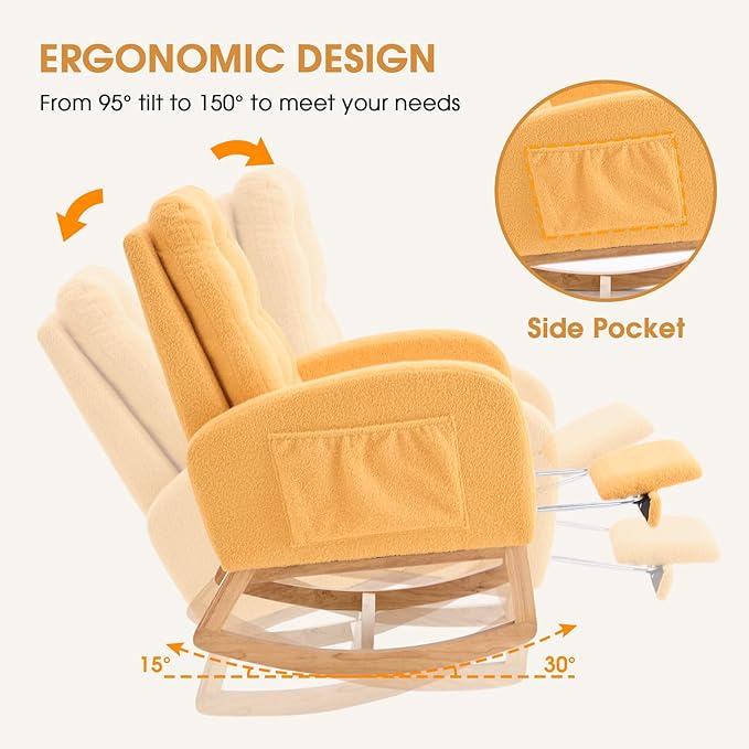 NIOIIKIT Nursery Rocking Chair, Linen Upholstered Glider Chair with Footrest, Tufted Rocker Recliner with Side Pocket, Comfy Recliner Glider, Accent Chair for Living Room (Yellow Teddy)