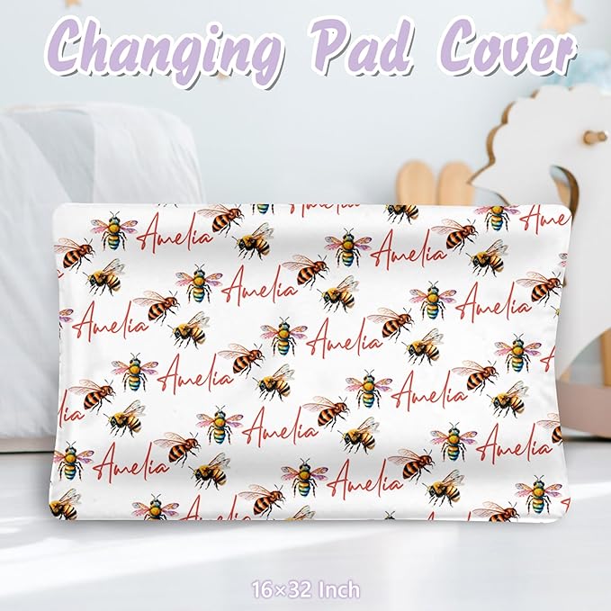Personalized Baby Crib Bedding Set, 5 Pcs Custom Name Nursery Bedding Set for Girls Boys, Honey & Bee Baby Crib Set for Toddlers Infants, Double Layer Bedding Crib Sets Customized Gifts