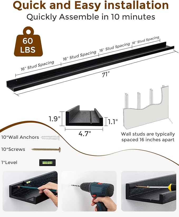 Axeman Oak Picture Ledge Shelf, 72 Inch Floating Shelves Set of 2, Solid Oak Wood Wall Shelves with Lip, Wall Decor Storage for Bedroom Living Room Bathroom Kitchen Nursery Photo Picture, Black