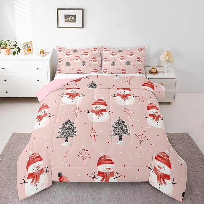 Feelyou Cute Snowman Bedding Set Soft for Boys Girls, Christmas Trees Comforter Set Queen Size Xmas Snowflake Duvet Quilt Microfiber Christmas Decor Bedroom Decor Holiday 3 Pcs with 2 Pillow Cases