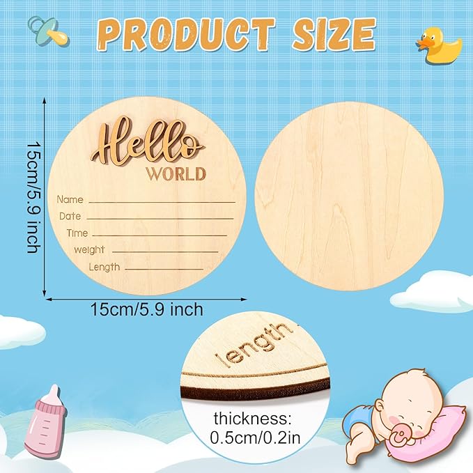 Newborn Announcement Sign, 5.9in Wooden Hello World Baby Welcome Sign Birth Plaques for Newborn Girls Boys Photo Props Baby Shower Hospital Nursery (Gold)