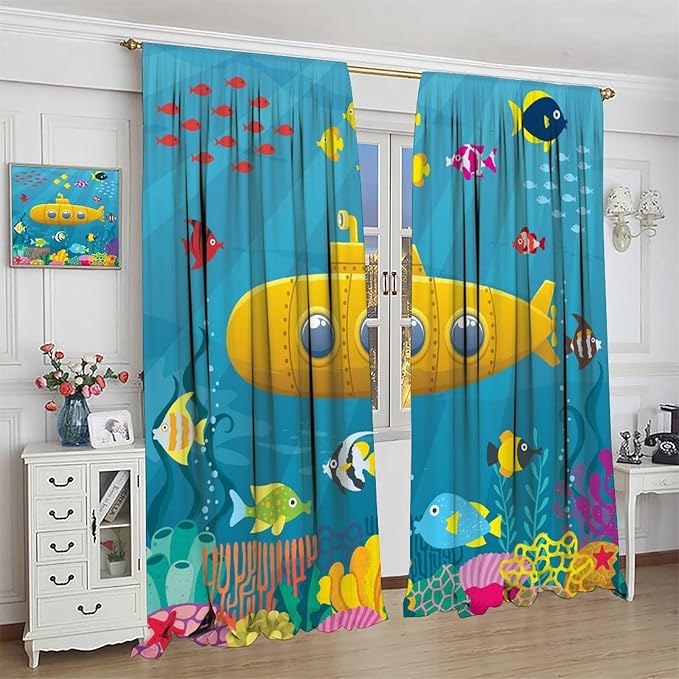 Boy Window Curtains Submarine Window Drapes Yacht Window Treatments Underwater World Oasis Thermal Drapes for Kids Girls Toddler Teens Room Dorm Decor Set 2 Panels,63x63 Inches