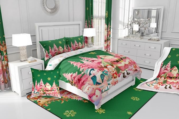 jejeloiu Merry Christmas Comforter Set Queen Size Santa Claus Bedding Set for Kids Boys Girls Cute Deer Duvet Quilt Green Bedroom Decor