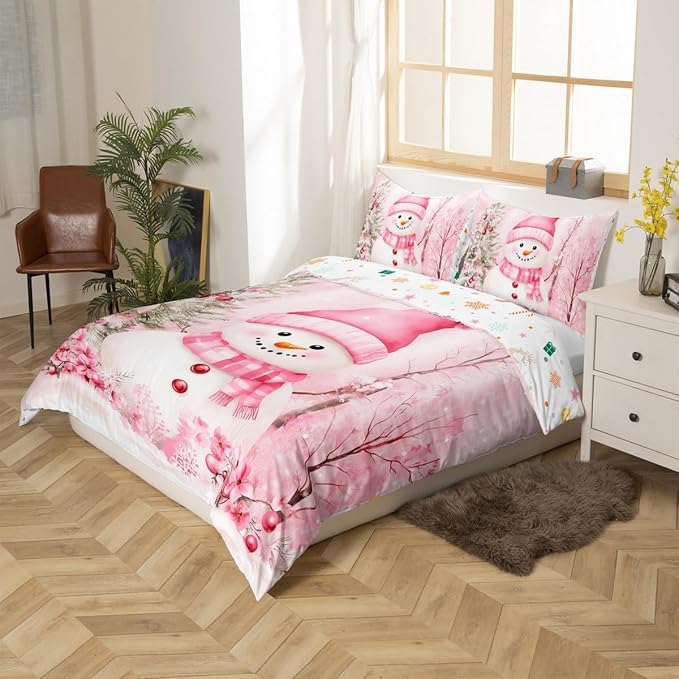 Manfei Christmas Kids Duvet Cover Set Full Size, Cute Snowman Pink Flower Bedding Set for Boy Girl Room Decor, New Year Xmas Comforter Cover, Lightweight Bedspread Cover, 2 Pillowcases, No Comforter