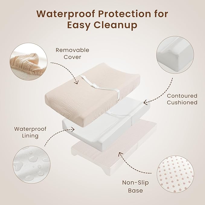 Konssy Muslin Changing Pad with Waterproof Lining Foam, Includes 2 Pack Soft & Cotton Cover, Baby Diaper Changing Pad for Dresser or Table, 32x16 inches (Blossom,Pink)