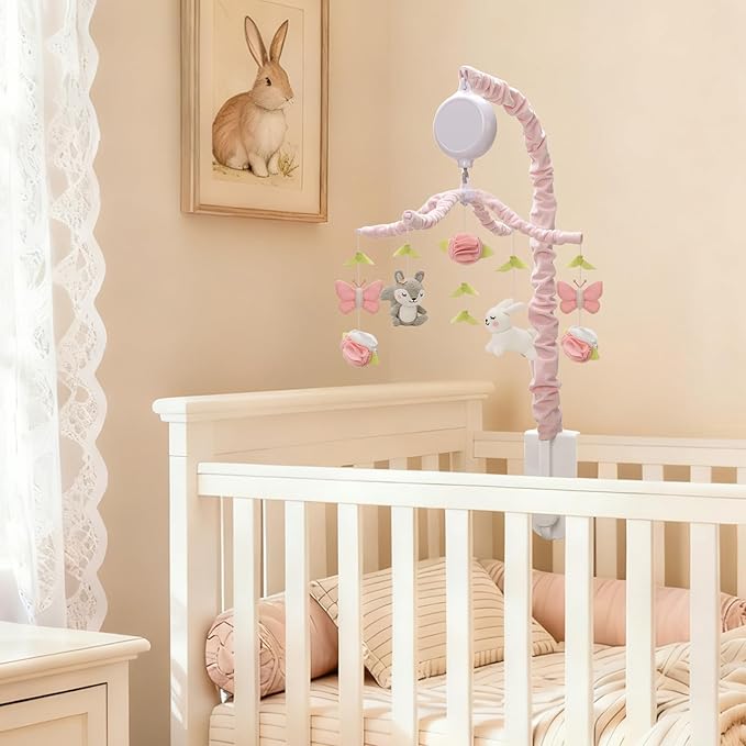 Baby Crib Mobile for Girls, Soft Knitted Woodland Characters Rabbit Squirrel, Pink and White Nursery Decor, Calming Soother with 12 Lullabies Essential and Perfect Gift for Girls