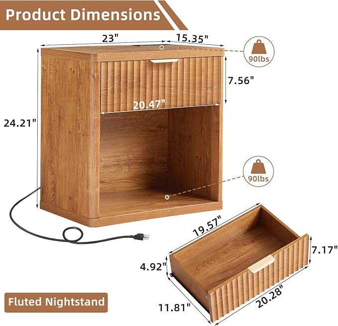 LEYAOYAO Fluted Nightstand with Charging Station, 23" Wide 1 Drawers Night Stand,Brown End Table with Open Storage,Farmhouse Bed Side Tables, Wood Dresser for Bedroom, Living Room, Closet
