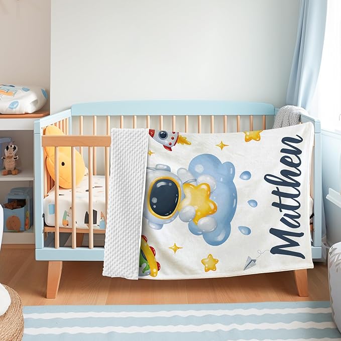 Personalized Baby Blanket with Name, Custom Space Astronaut Theme Blanket for Kids, Soft Flannel Bed Throw Blanket Swaddle for Newborn, Customizable Baby Gift & Nursery Blanket(47" x60)