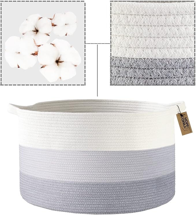 COMFY-HOMI XXXL Large Laundry Basket, Cotton Rope Nursery Woven Basket for Storage, Blanket Baskets Living Room Laundry Hamper, Dog Toy Storage Organizer, Home Decor-21''x21''x13.6''-White and Grey
