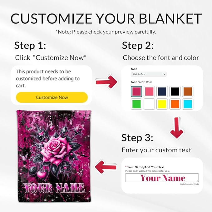 Personalized Rose Blanket Gifts for Women - Flower Throw Blankets for Girls, Wife - 60" x 80" Floral Throw for Adults