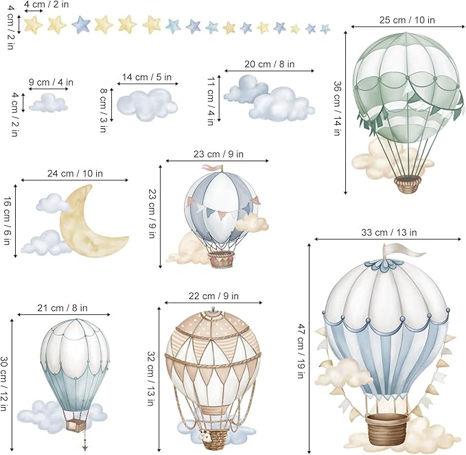 wondever Watercolor Hot Air Balloon Wall Stickers Star Moon Cloud Balloons Peel and Stick Wall Art Decals for Baby Nursery Kids Bedroom