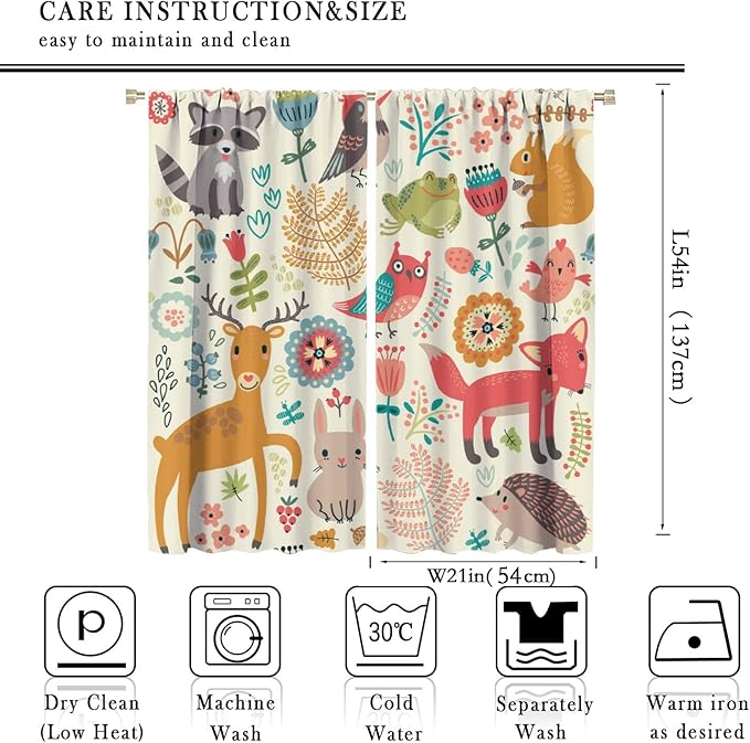 Kids Baby Woodland Blackout Curtains,Forest Animals Plants Cartoon Funny Colorful Deer Fox Owl Pattern Thermal Insulation Window Drapes for Boys Girls Children's Bedroom 42x54 Inch