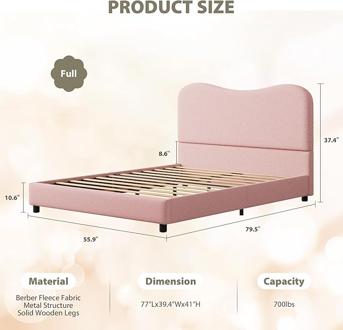 Senfot Pink Boucle Bed Frame with Upholstered Headboard, Soft Low Profile Sturdy Platform Bed with Rounded Corners Design, Heavy Duty, Wooden Slats, Noise Free, No Box Spring Needed, Full Size