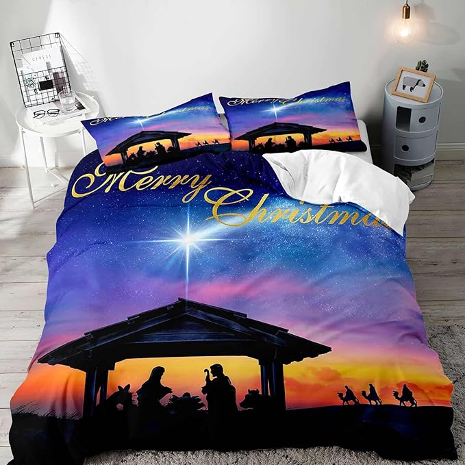 LUVIVIHOME 2PCS Christmas Duvet Cover Twin Bedding Sets, Purple Blue Galaxy Sunset Manger Nativity Scene O Holy Night Winter Holiday Xmas Christmas Comforter Quilt Cover, Bed in a Bag, 1 Pillow Sham