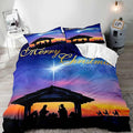 LUVIVIHOME 2PCS Christmas Duvet Cover Twin Bedding Sets, Purple Blue Galaxy Sunset Manger Nativity Scene O Holy Night Winter Holiday Xmas Christmas Comforter Quilt Cover, Bed in a Bag, 1 Pillow Sham
