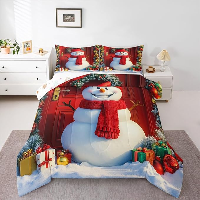 Feelyou Merry Christmas Kids Comforter Set King Size Cute Snowman Bedding Set Duvet Quilt for Kids Boys Girls Bedroom Snowflake Decor Microfiber Ultra Soft Breathable