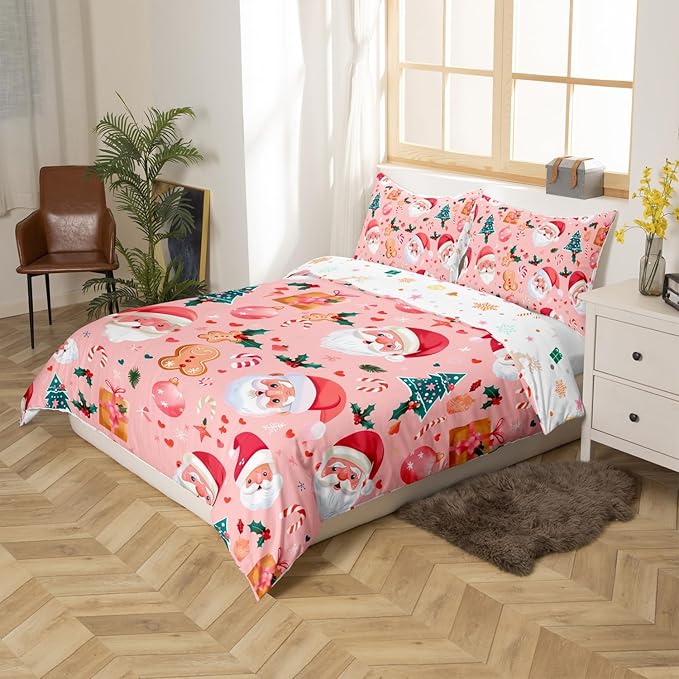 Feelyou Christmas Bedding Set Pink Christmas Duvet Cover Set for Kids Boys Girls Cookies Comforter Cover Christmas Tree Quilt Cover Bedroom Collection 3Pcs King Size,No Comforter