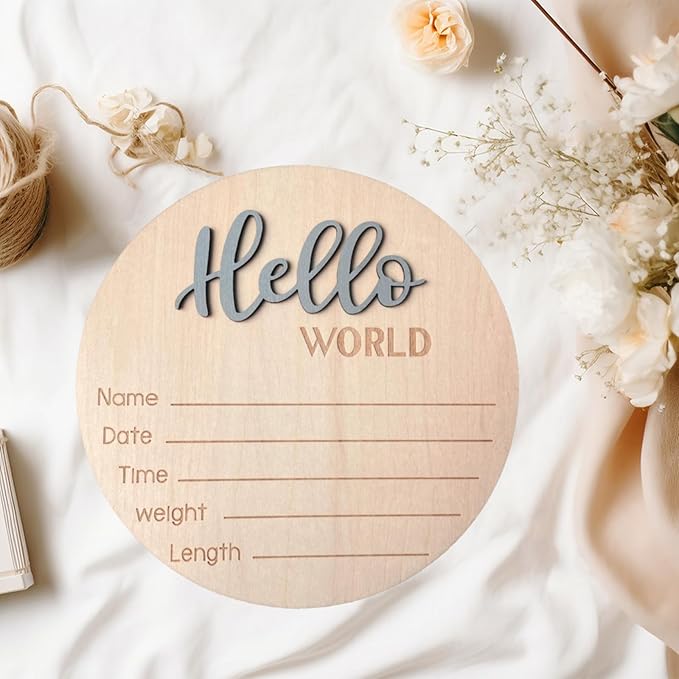 Baby Announcement Sign, 5.9 Inch Wooden Hello World Newborn Signs, Birth Announcement Sign, Baby Shower Hospital Nursery for Newborn Boys and Girls (Gray)