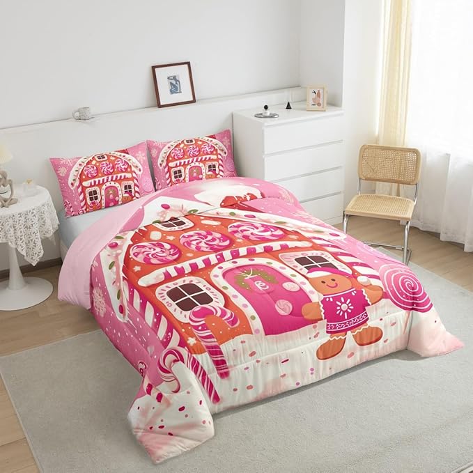 jejeloiu Kids Christmas Theme Comforter Set Queen Size Xmas Gingerbread Man Candy Cane House Bedding Set for Boys Girls Teens Hot Pink Winter Happy New Year Duvet Quilt Room Decor