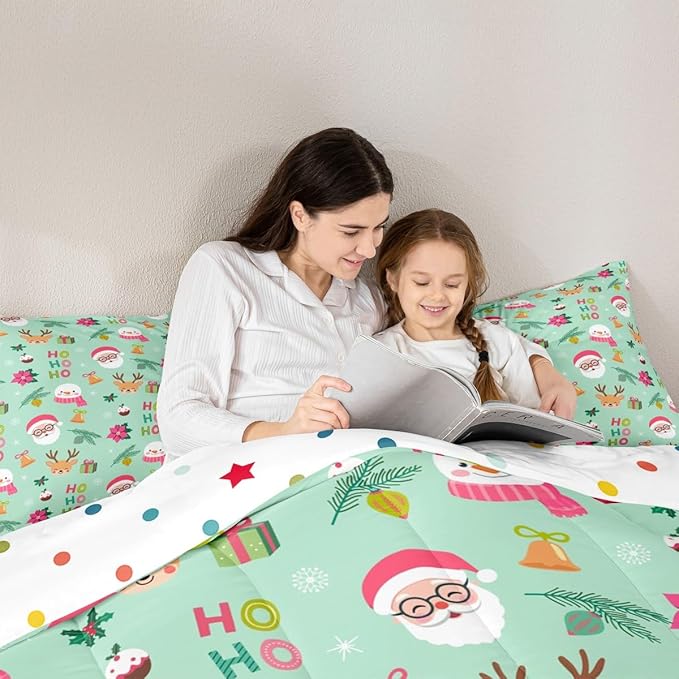 Feelyou Christmas Decor Bedding Set Soft for Boys Girls, Happy New Year Comforter Set Toddler Size Santa Claus Duvet Quilt Microfiber Bedroom Decor 2 Pcs with 1 Pillow Cases