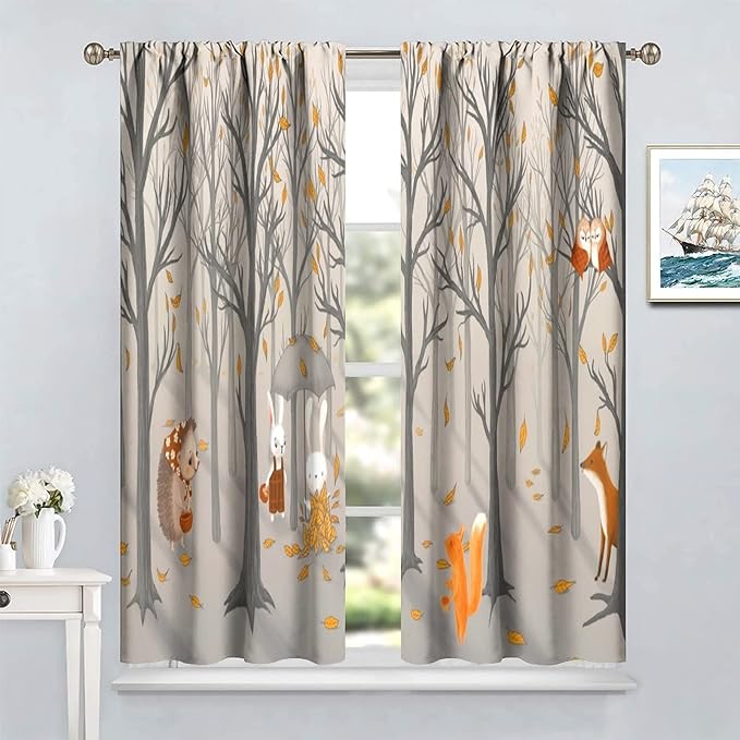 Kids Woodland Animal Window Curtains, Autumn Forest Hedgehog Rabbits Squirrel Fox Birds Blackout Rod Pocket Treatments Drapes for Boys Girls Bedroom 42x63in