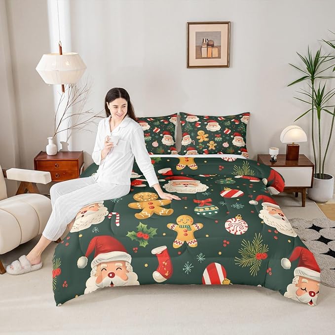 Feelyou Christmas Bedding Set Soft for Boys Girls, Santa Xmas Tree Comforter Set Toddler Size Gingerbread Man Duvet Quilt Microfiber Snowflake Stockings Bedroom Decor 2 Pcs with 1 Pillow Cases