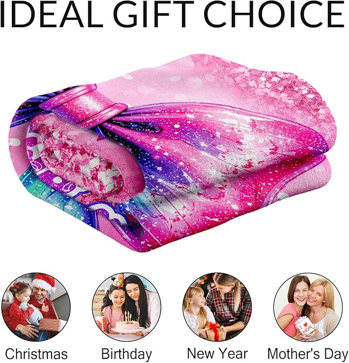 Custom Bow Blanket for Girls - 30 x 40 Inches Lap Size - Soft Fuzzy Plush Throws Decor Gift - Pink Cute Throw Blankets Stuff for Crib, Office