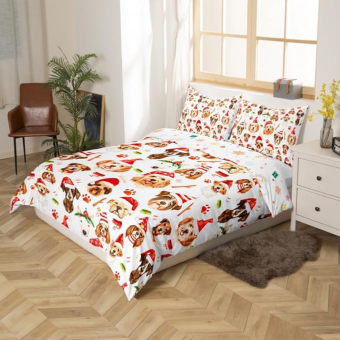 Christmas Kids Bedding Set Cartoon Puppy Dogs Xmas Theme Bedding Duvet Cover Set for Boys Girls New Year Decor Comforter Cover Set Animal Pattern Bedspread Cover Bedroom Quilt Cover 2Pcs Toddler Size