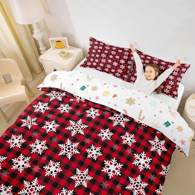 Christmas Kids Bedding Set Snowflake Xmas Theme Bedding Duvet Cover Set for Boys Girls Red Black Buffalo Check Decor Comforter Cover Set New Year Bedspread Cover Bedroom Quilt Cover 2Pcs Toddler Size