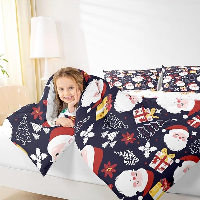 jejeloiu Santa Claus Comforter Set Full Size Merry Christmas Bedding Set for Kids Boys Girls Xmas Themed Duvet Quilt Dark Blue Bedroom Decor