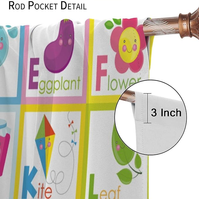Kids Alphabet Curtains Cute Cartoon Education Learning Funny Teaching Words Curtain with Rod Pocket for Bedroom Nursery Home Decor Drapes Window Treatments 2 Panels Set 72" W X 63" L