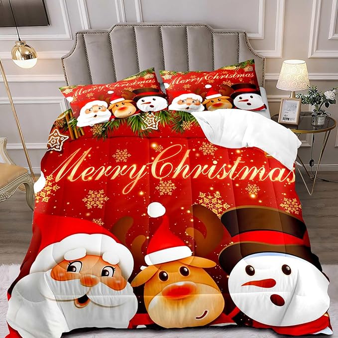 LUVIVIHOME 2PCS Merry Christmas Comforter Set Twin Size, Reindeer Snowman Santa Claus Bedding, Holiday New Year Cute Christmas Bedroom Decor for Kids Boys Girls Teens, Xmas Gifts, 1 Pillow Case