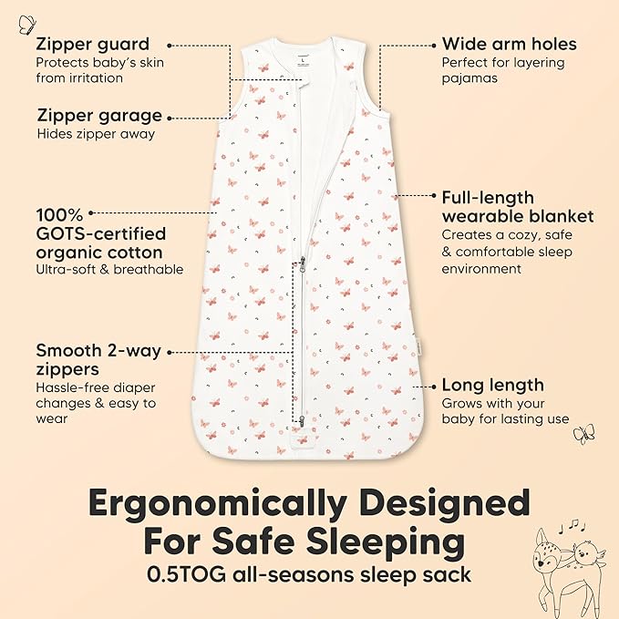 2-Pack Baby Sleep Sacks, Zipper Wearable Blanket - 0.5TOG Organic Cotton,Lightweight,Soft Cozy Toddler Sleeping Sack 6-12 months,Easy to Wear Large Newborn Transition Swaddles Sleepsacks (Butterflies)
