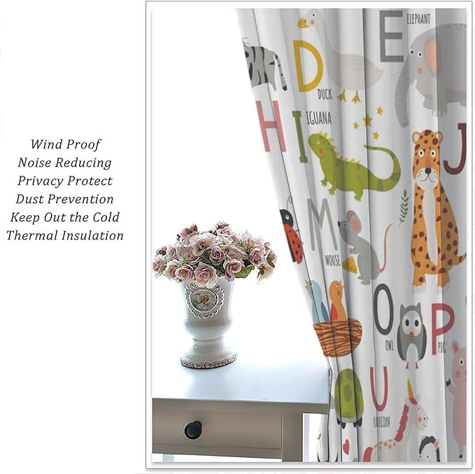 Alphabet Kids Learning Curtains Cartoon Animal Baby Boys Child Educational Curtain with Rod Pocket for Bedroom Nursery Home Decor Drapes Window Treatments 2 Panels Set 42" W X 54" L