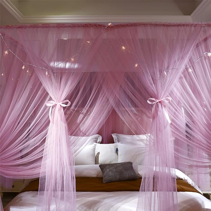 VETHIN 4 Corners Post Princess Bed Canopy Curtain Double Layer Cozy Drape Netting 4 Opening Mosquito Net for Girls & Adults Bedroom Decoration Accessories (Double Pink, 47" W*78" L*82"*H/Twin)