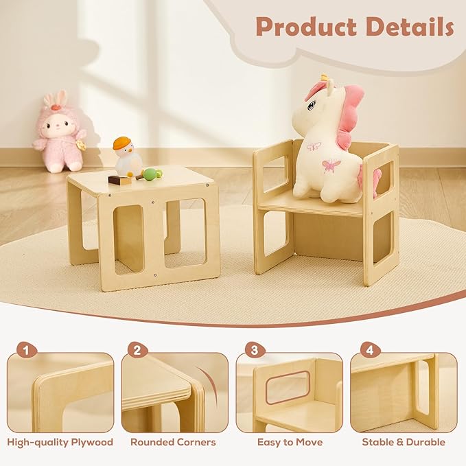 FUNLIO Height Adjustable Montessori Weaning Chair for Age 1-3, Quality Solid Wooden Chair, for Eating/Reading/Playing,Montessori Furniture with CPC Certified - Natural（2pcs）