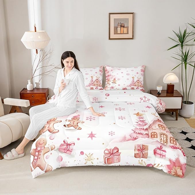 jejeloiu Kids Christmas Theme Comforter Set King Size Pink Xmas Gingerbread Man Bedding Set for Boys Girls Teens Candy House Snowflake Winter Happy New Year Duvet Quilt Room Decor