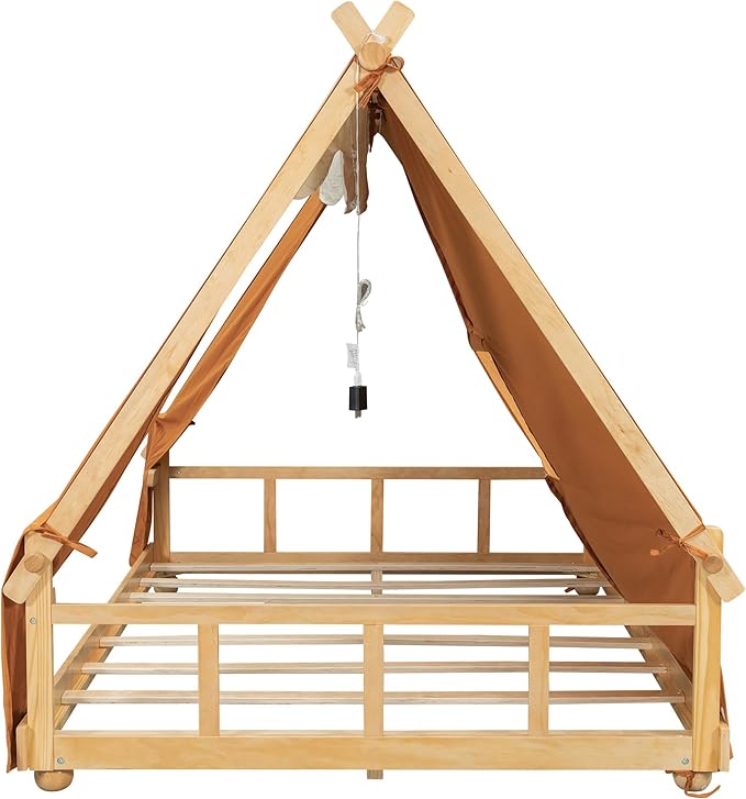 Montessori Floor Bed Full with Tent & Light, Wood Full House Beds for Kids, DIY Playhouse, Low-Profile Teepee Bed, Playful Indoor Adventure & Sleep for Girls Boys,Natural+Brown