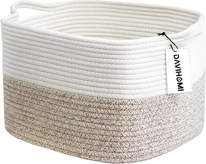 Square Woven Cotton Rope Basket for Organizing, Gift Baskets for Handles, Empty Gift Baskets, Toy Basket for bins|13.5" x 11" x 9.5" home decor for Living Room, Bathroom（White Brown）