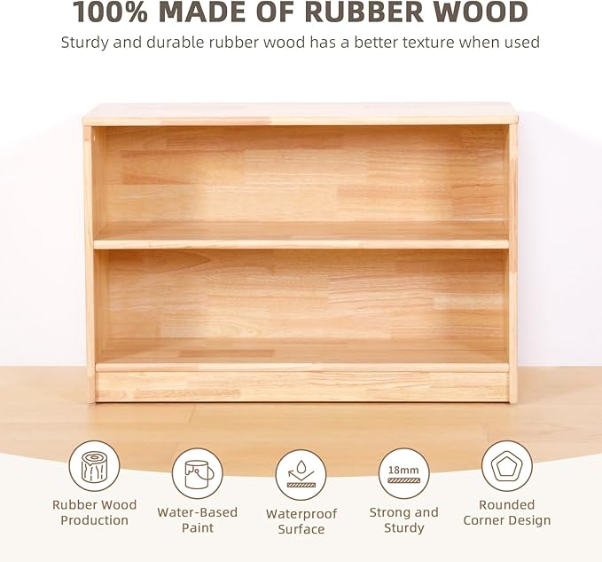 OOOK Rubber Wood Montessori Shelf and Toy Storage, 35.4" L, Solid Wood Bookshelf and Toy Organizers, 2-Tier Storage Cabinet Shelves and Kids Bookcase for Classroom, Kindergarten, Kids Room, Playroom.