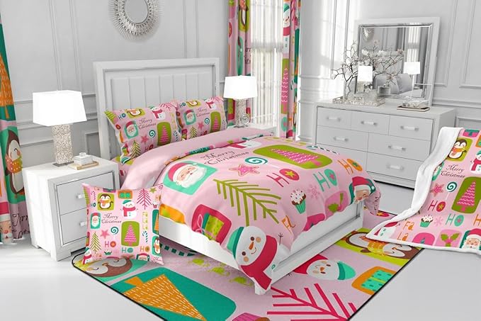 Erosebridal Christmas Kids Comforter Set King Size Cartoon Santa Claus Quilts Boys Girls Room Decor Merry Xmas Penguin Bedding Set Christmas Tree Snowman Down Comforter,Pink