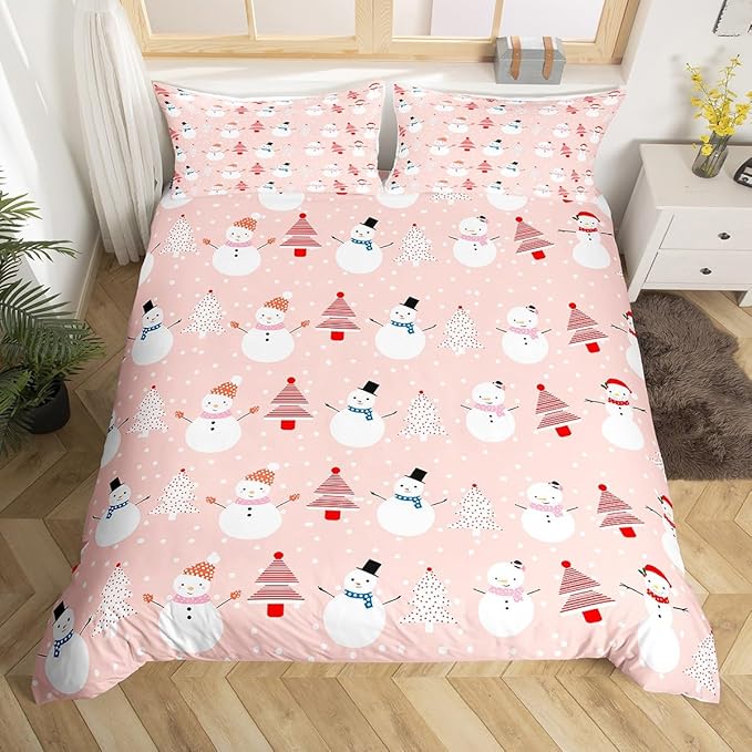 Christmas Duvet Cover Cartoon Snowman Christmas Tree Bedding Set Snowflake Comforter Cover for Boys Girls Children Teens Bedroom Decor Pink Xmas Theme Bedspread Cover Full Size with 2 Pillow Case